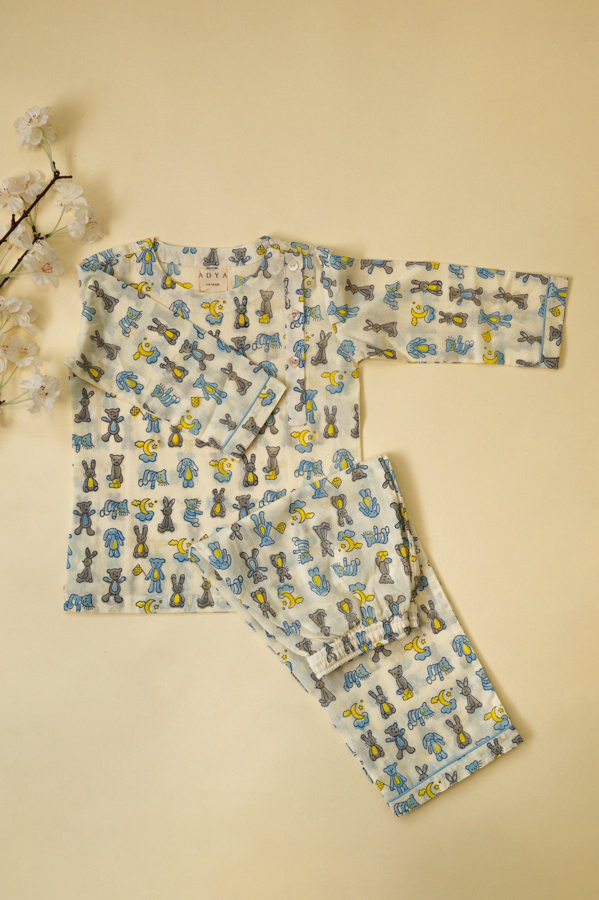 Off White Teddy Bear Kids Night Suit