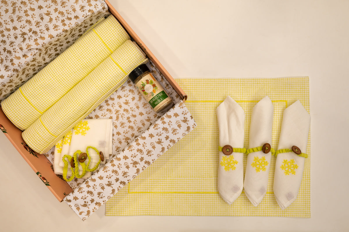 Yellow Chequered Festive Table Mat Set
