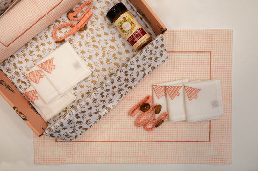 Peach Chequered Festive Table Mat Set