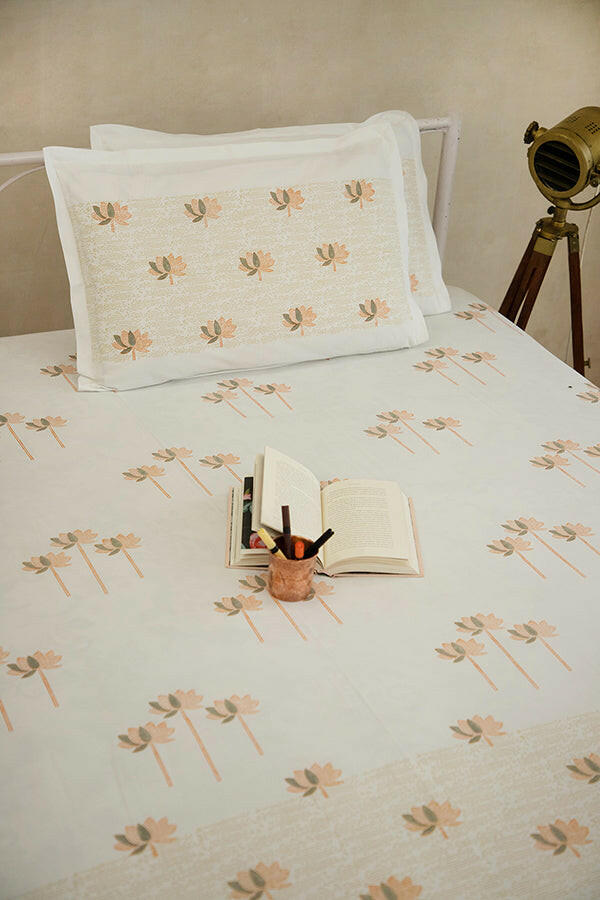Fossil & Orange Sacred Lotus Pure Cotton Bedsheet