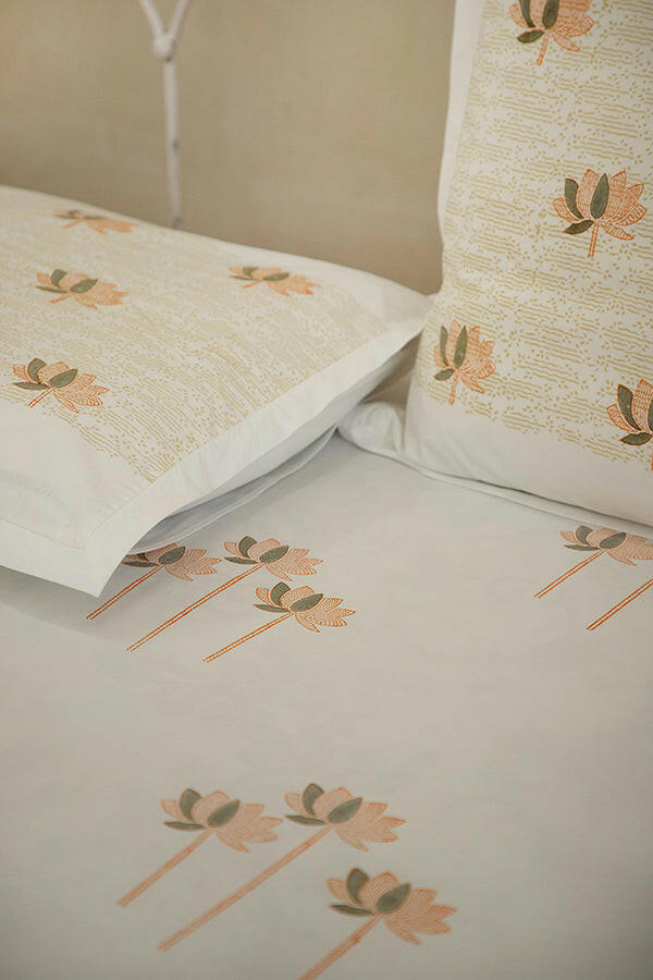 Fossil & Orange Sacred Lotus Pure Cotton Bedsheet