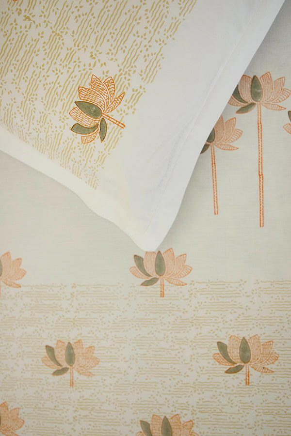 Fossil & Orange Sacred Lotus Pure Cotton Bedsheet