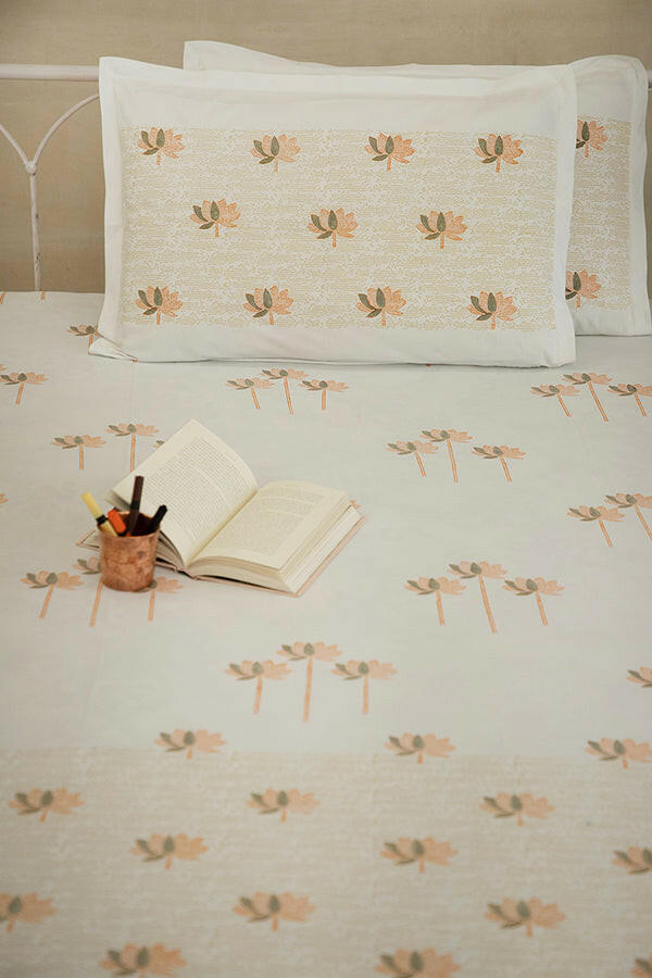 Fossil & Orange Sacred Lotus Pure Cotton Bedsheet