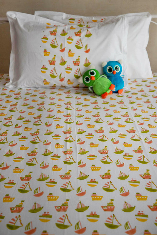 Lime & Orange Ship Kids Bedsheet
