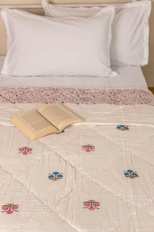 Pink & Blue Pansy Cotton Quilt