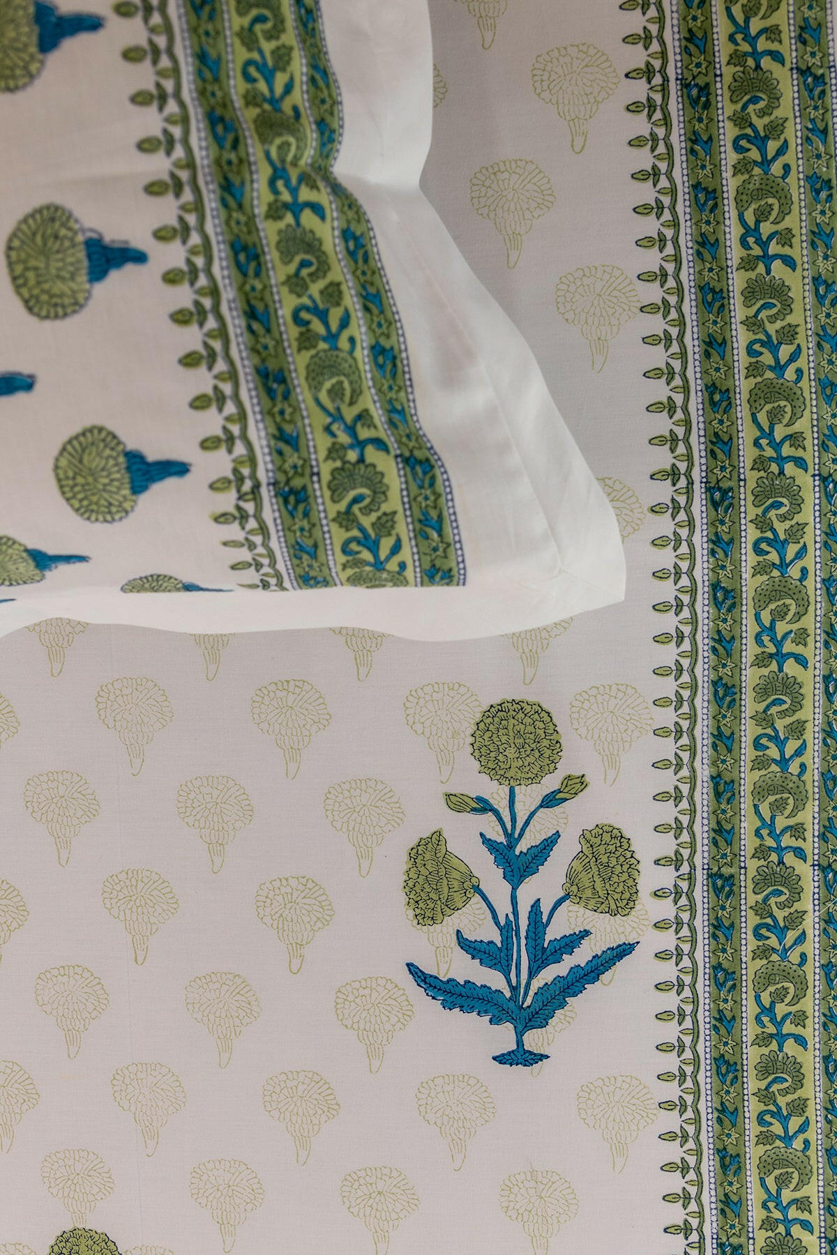 Mint & Mystic Blue Marigold Pure Cotton Bedsheet
