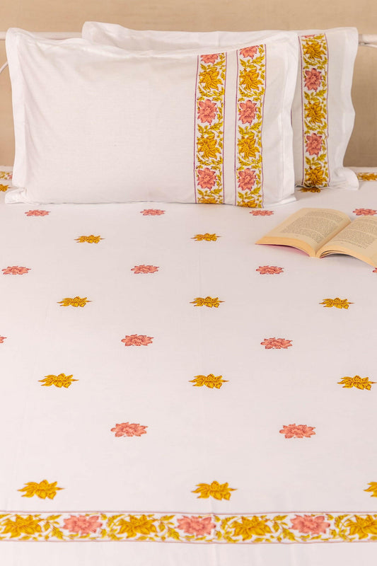 Terracotta & Sunset Gold Hibiscus Pure Cotton Bedsheet