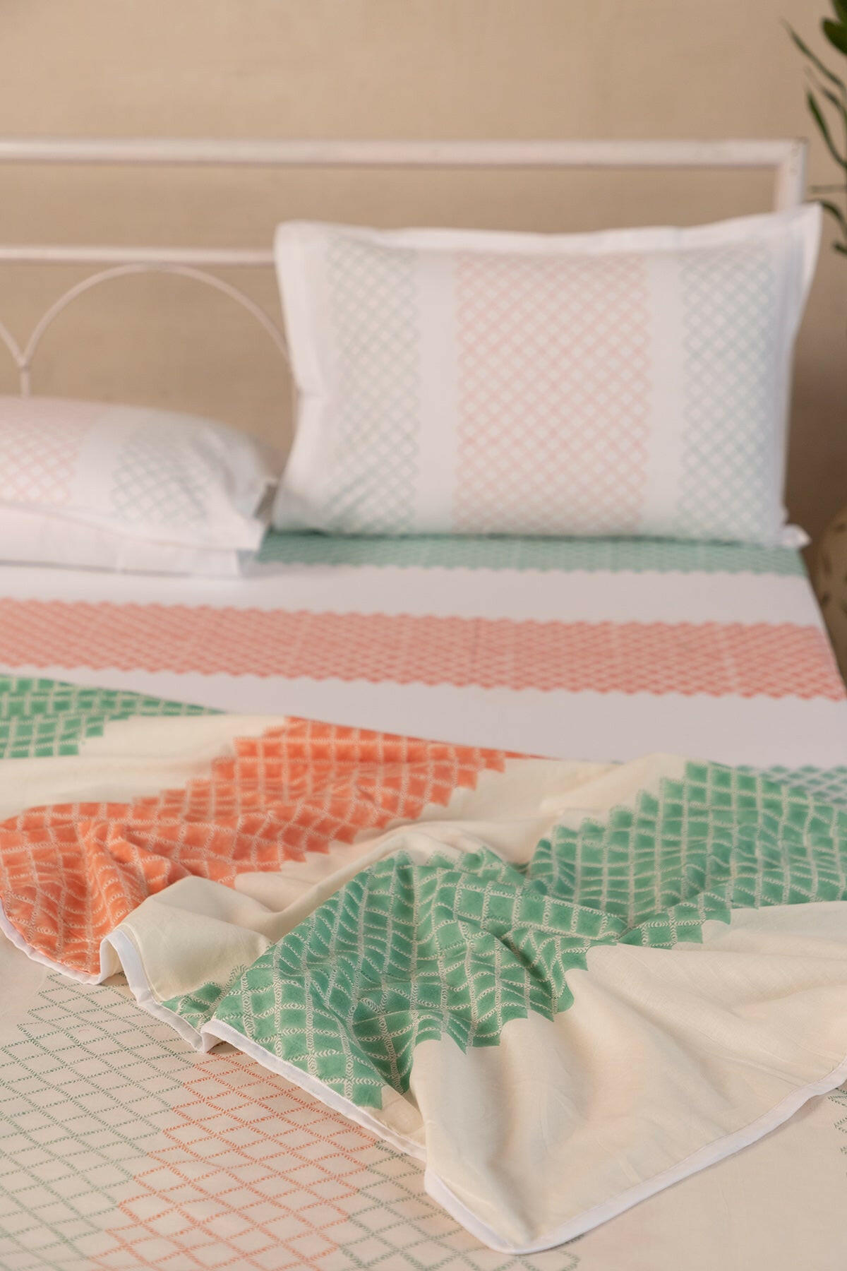 Teal and Terracotta Diamond Cotton Dohar - Adya