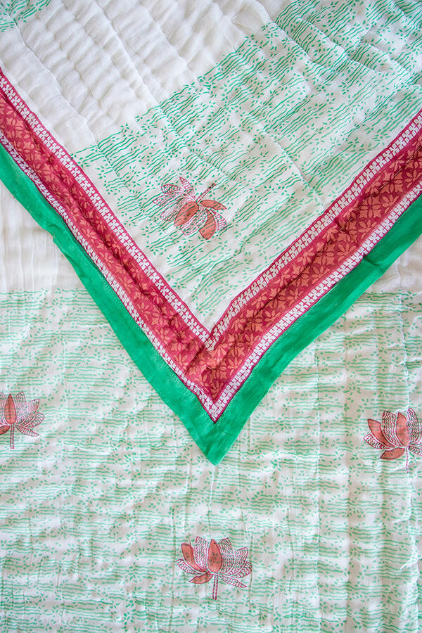 Serene Green Lotus Cotton Quilt
