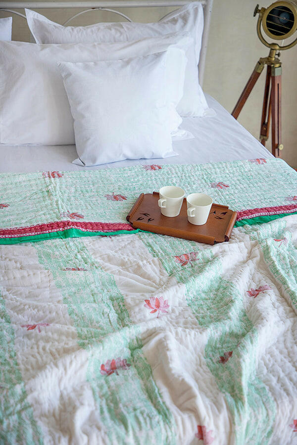 Serene Green Lotus Cotton Quilt