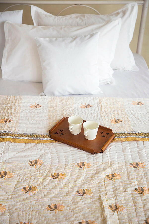 Serene Saffron Lotus Cotton Quilt