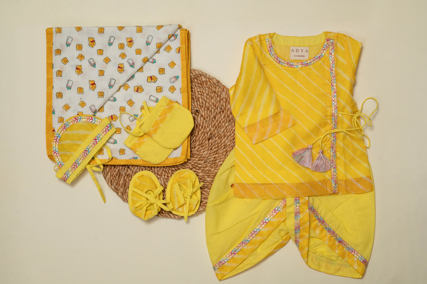 Newborn Yellow Leheriya Jamna Set for Boy