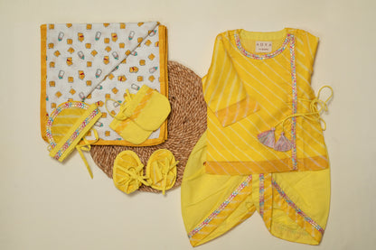 Newborn Yellow Leheriya Jamna Set for Boy