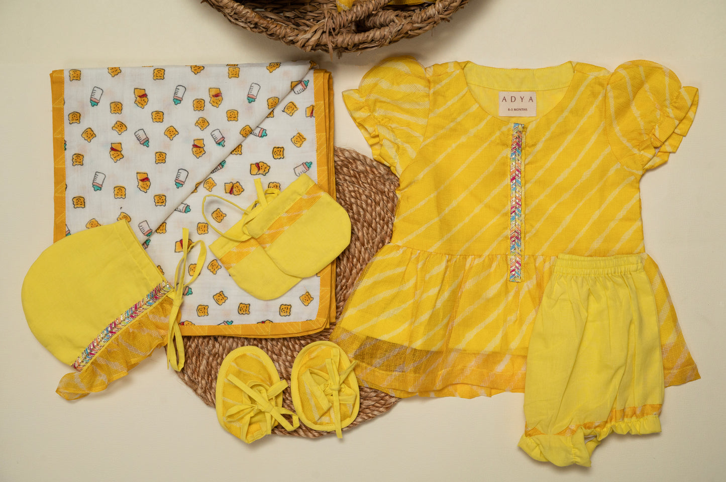 Newborn Yellow Leheriya Jamna Set for Girl