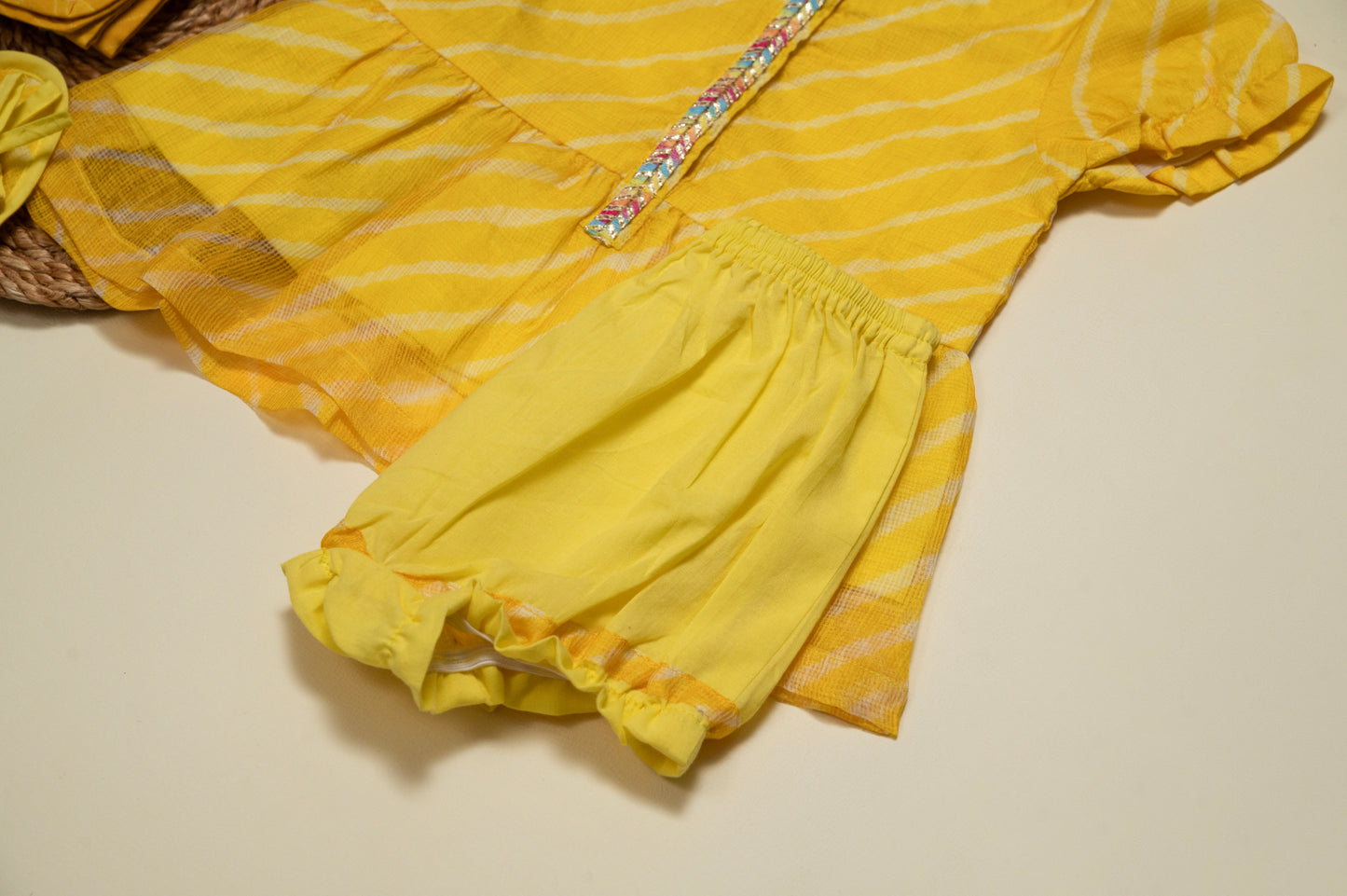 Newborn Yellow Leheriya Jamna Set for Girl