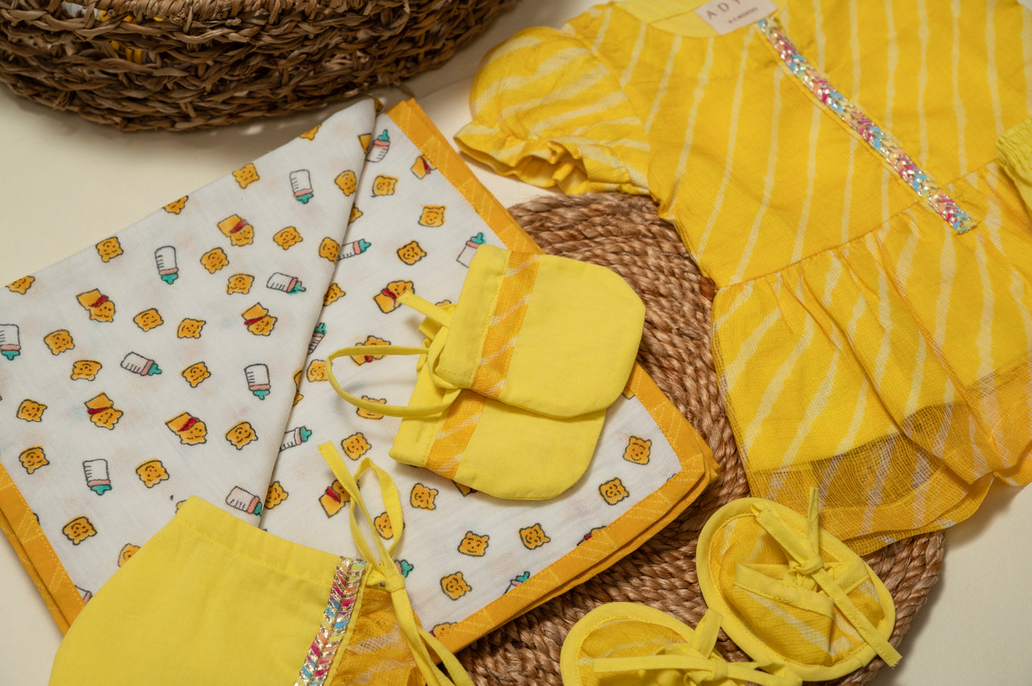 Newborn Yellow Leheriya Jamna Set for Girl