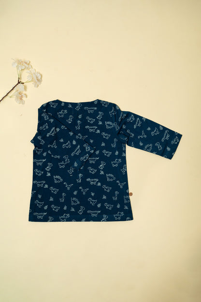 Blue Dino Block Print Kurta Set