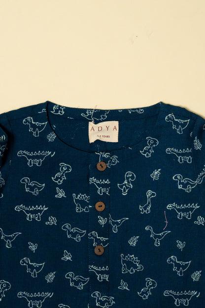 Blue Dino Block Print Kurta Set