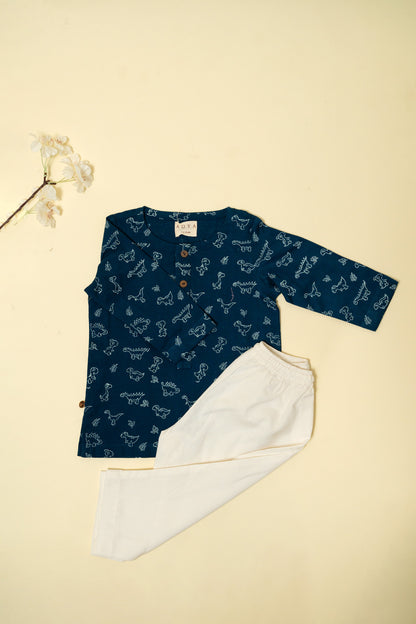 Blue Dino Block Print Kurta Set