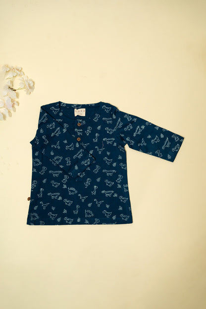 Blue Dino Block Print Kurta Set
