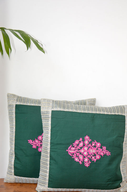 Ultramarine Green Silver Zari Embroidered Cushion Cover