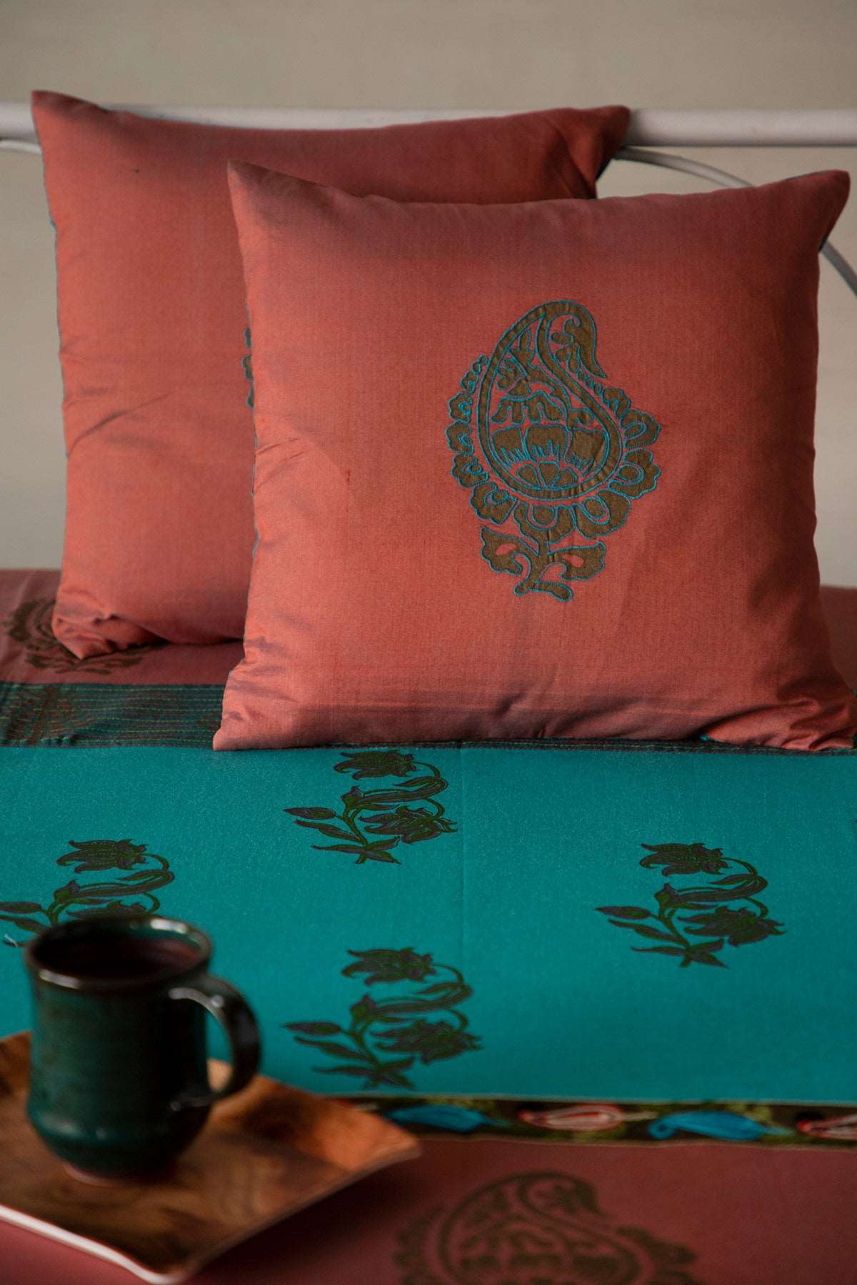 Cranberry & Teal Cotton Bedcover