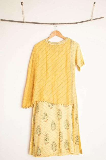 Bright Yellow Cotton Printed Kurta With Jacket