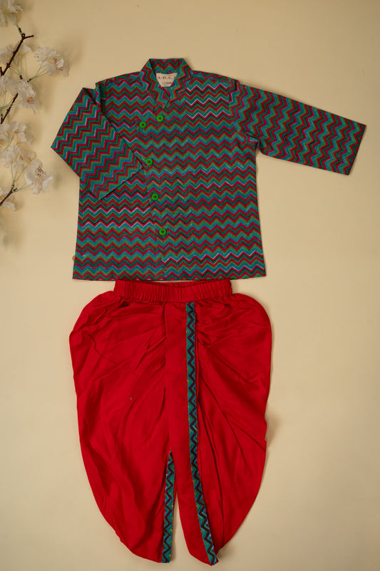 Green & Red Block Print Boys Kurta Dhoti