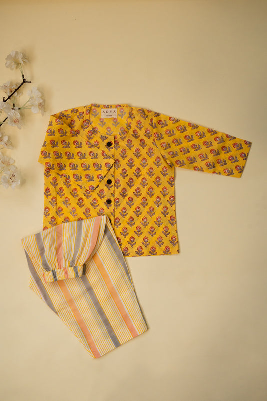 Yellow Stripes Block Print Boys Kurta Pyjama