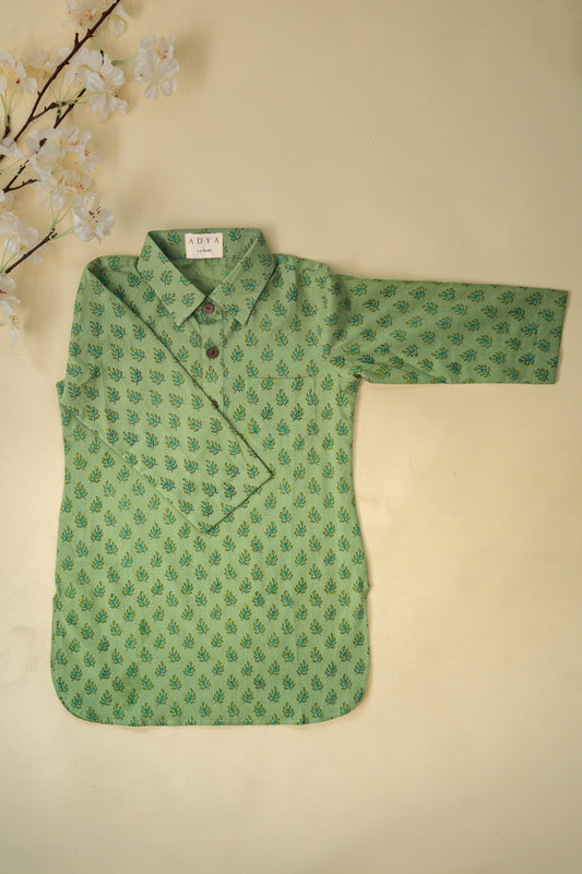 Green Leaf Block Print Boys Kurta