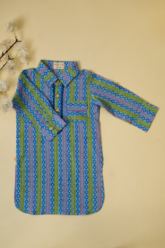 Blue Geometric Print Boys Kurta