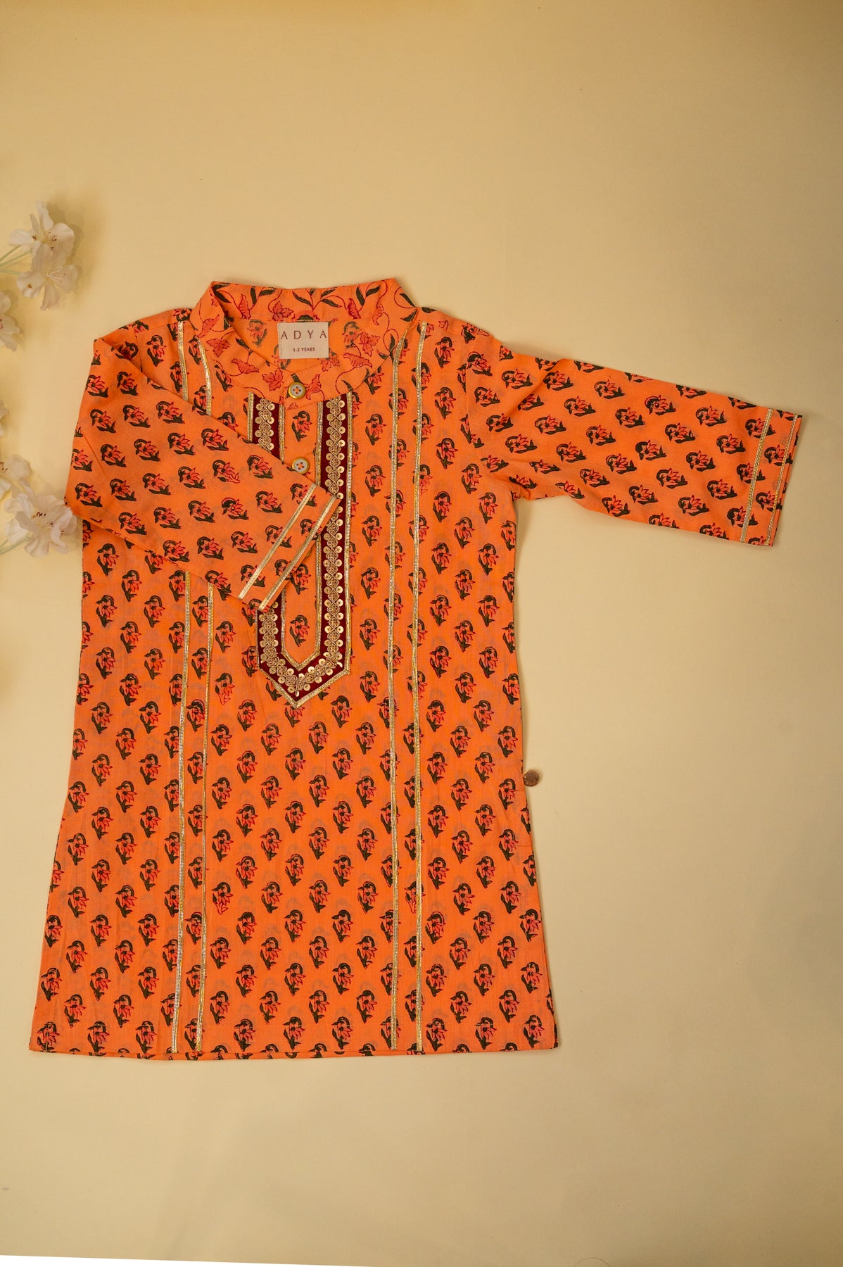 Orange Floral Block Print Boys Kurta