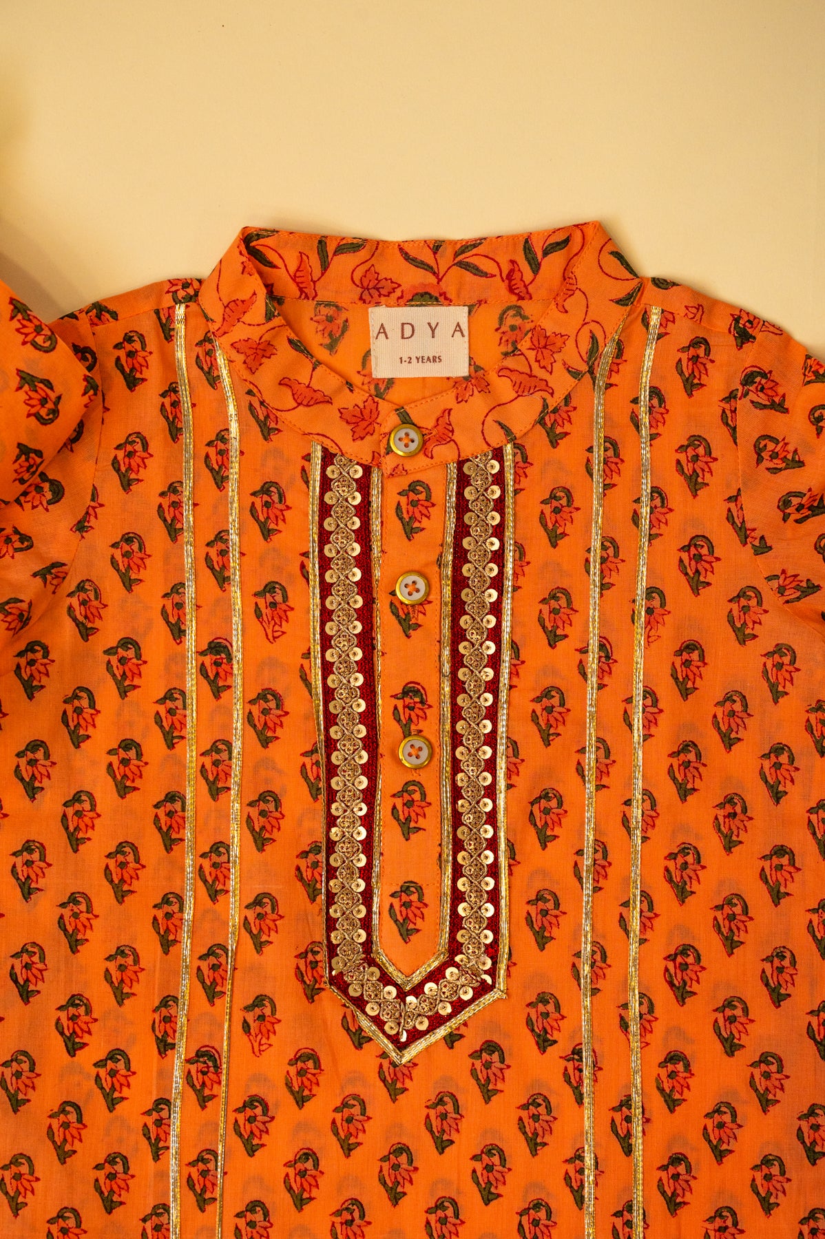 Orange Floral Block Print Boys Kurta