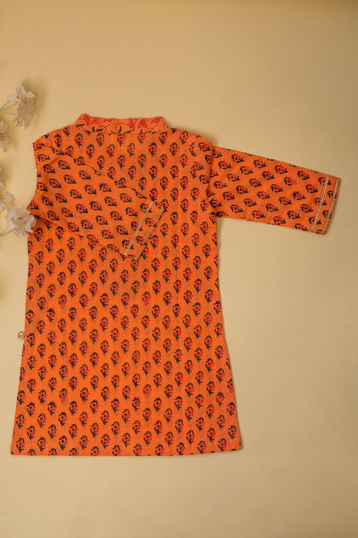 Orange Floral Block Print Boys Kurta