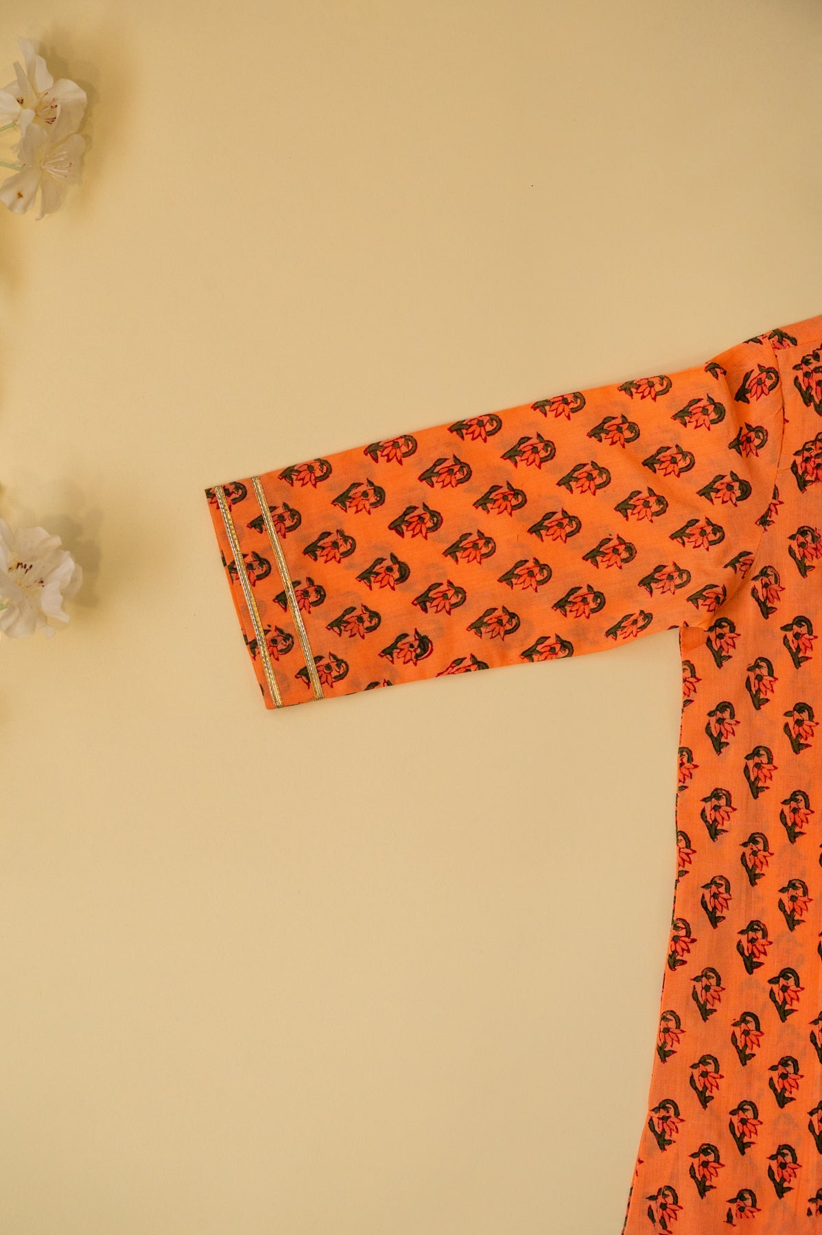 Orange Floral Block Print Boys Kurta