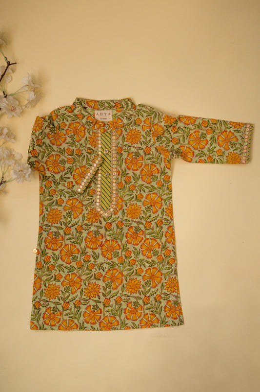 Green Floral Block Print Boys Kurta