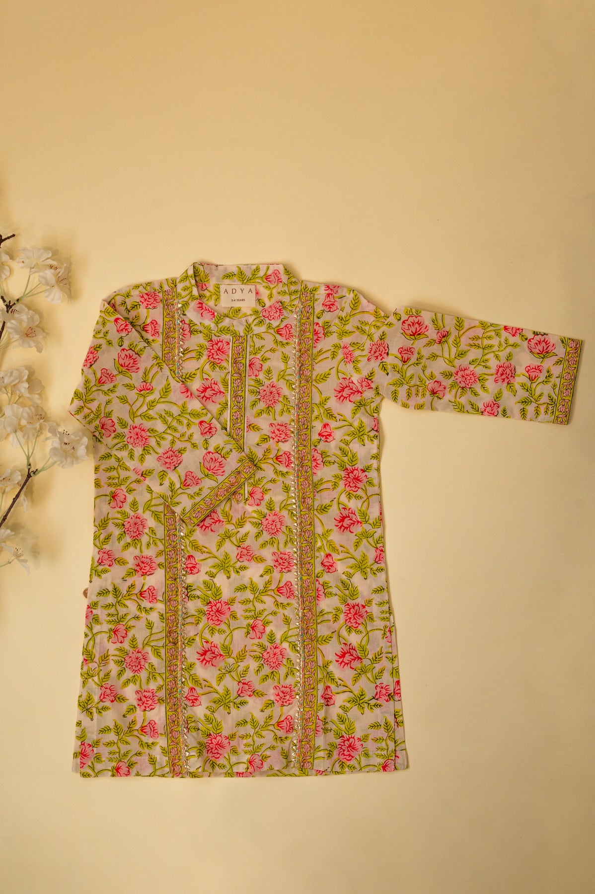 Light Yellow Floral Block Print Boys Kurta