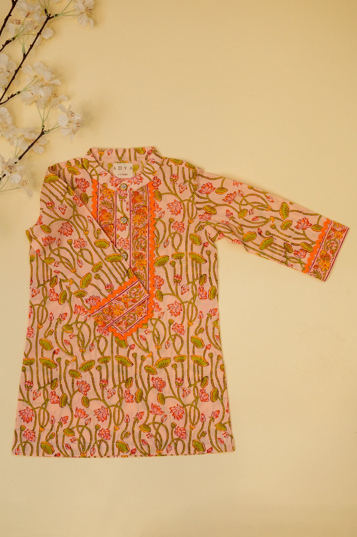 Peach Lotus Block Print Boys Kurta