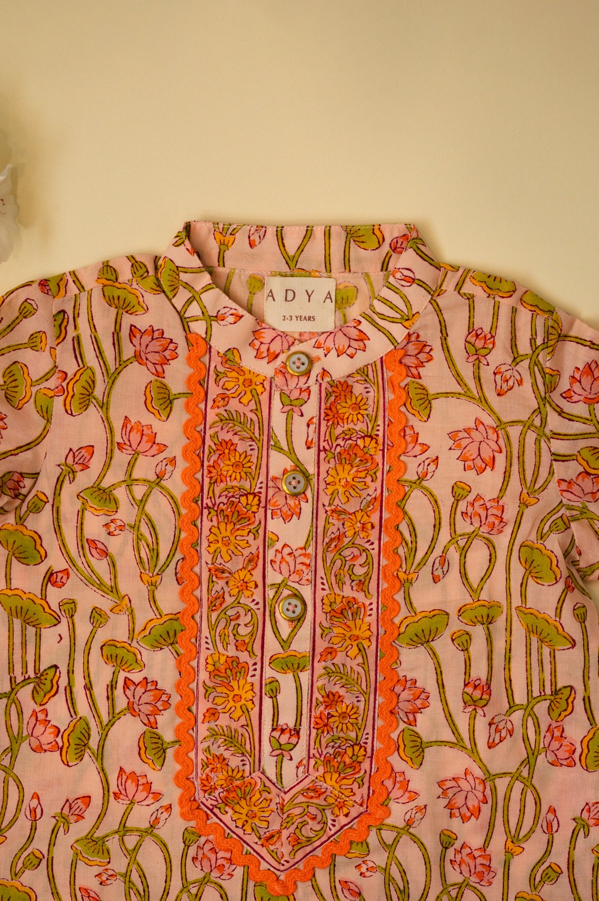 Peach Lotus Block Print Boys Kurta