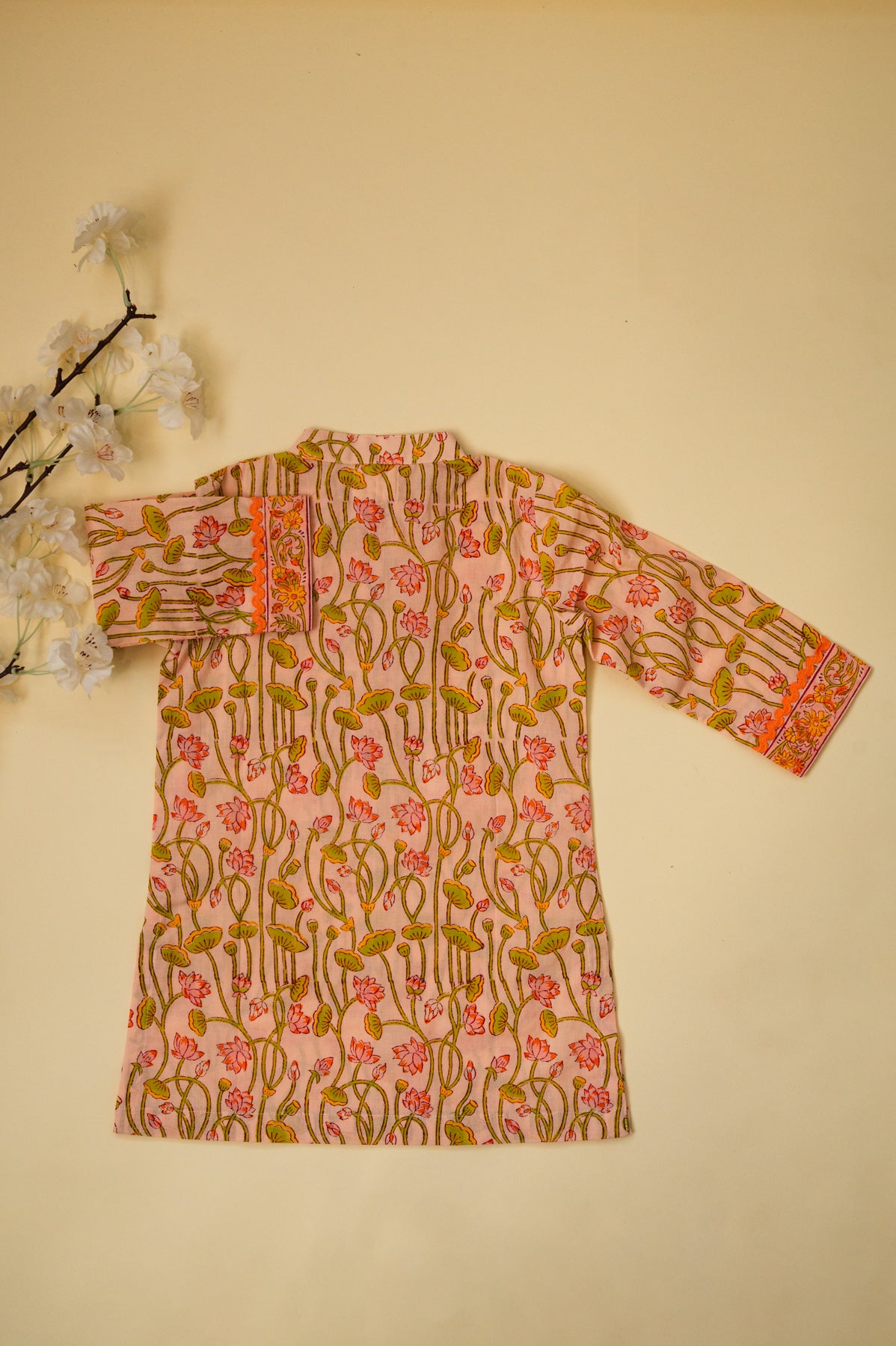 Peach Lotus Block Print Boys Kurta