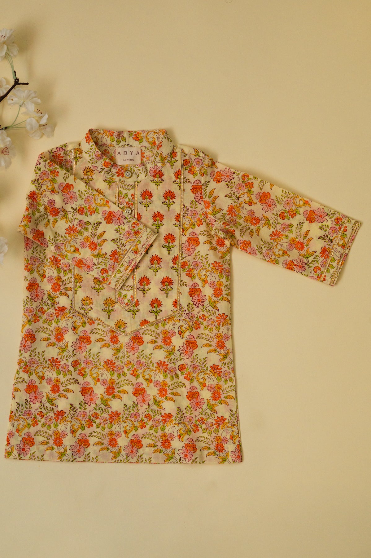 Lemon Yellow Floral Block Print Boys Kurta