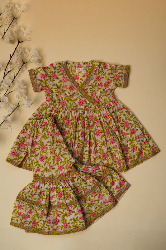 Light Yellow & Pink Floral Kurta Sharara Set