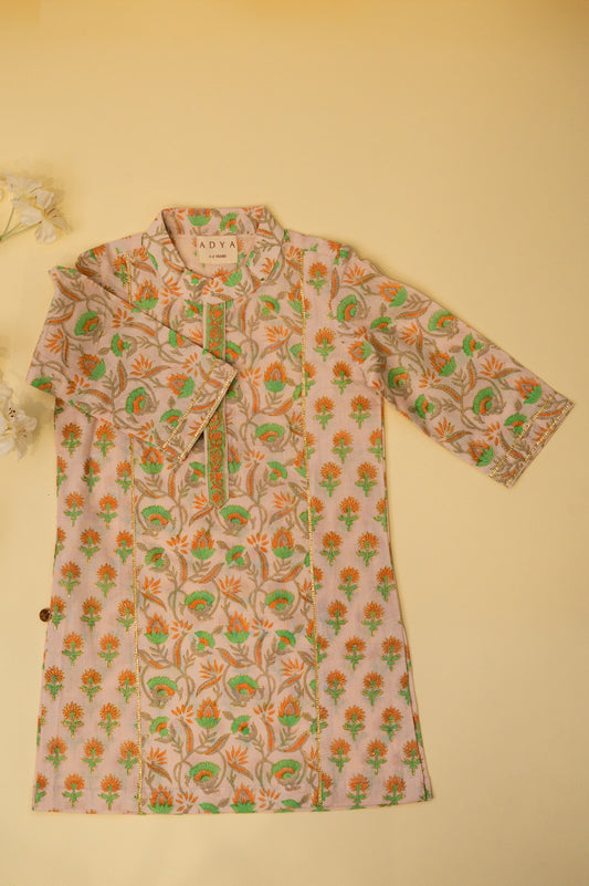 Baby Pink Floral Block Print Boys Kurta