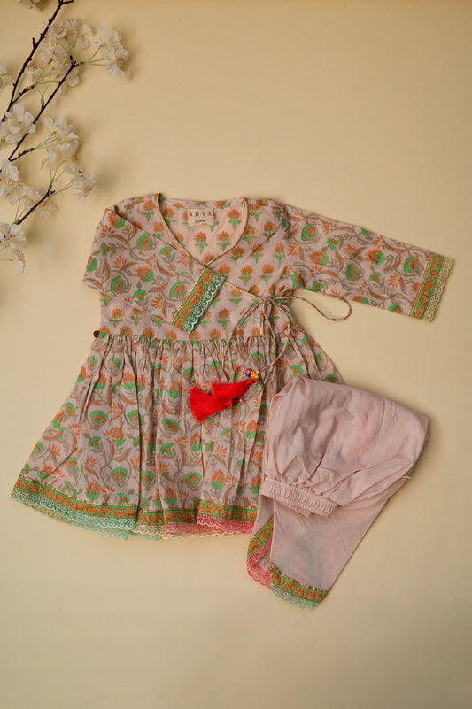 Baby Pink Floral Jaal Kurti With Tulip Pants