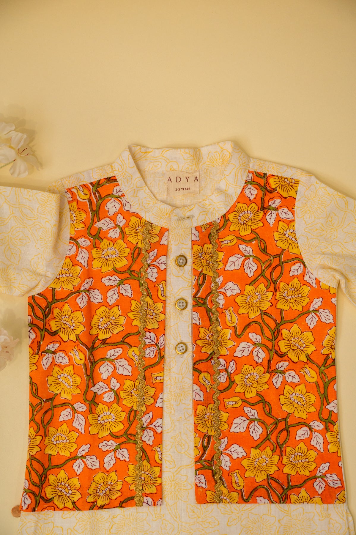 Orange Floral Block Print Boys Kurta With Attached Jacket