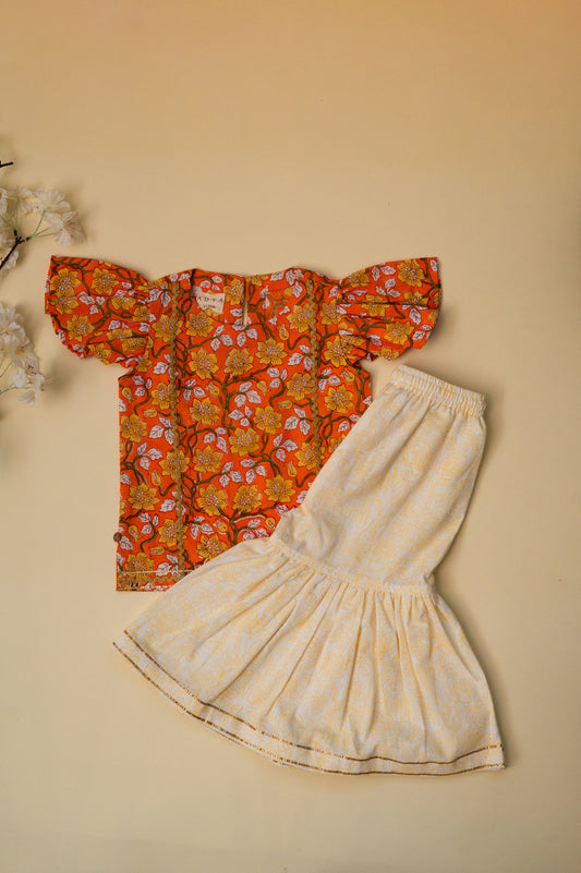 Orange Floral Jaal Kurta Sharara Set