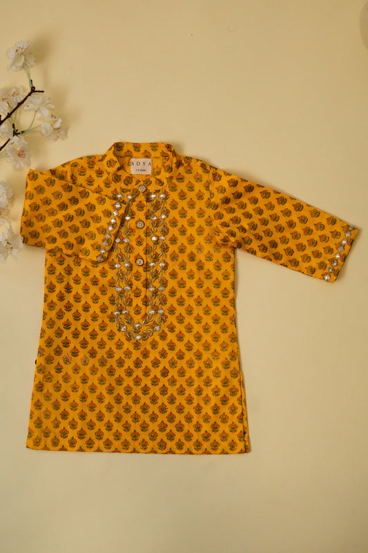 Yellow Mirror Work Floral Block Print Boys Kurta