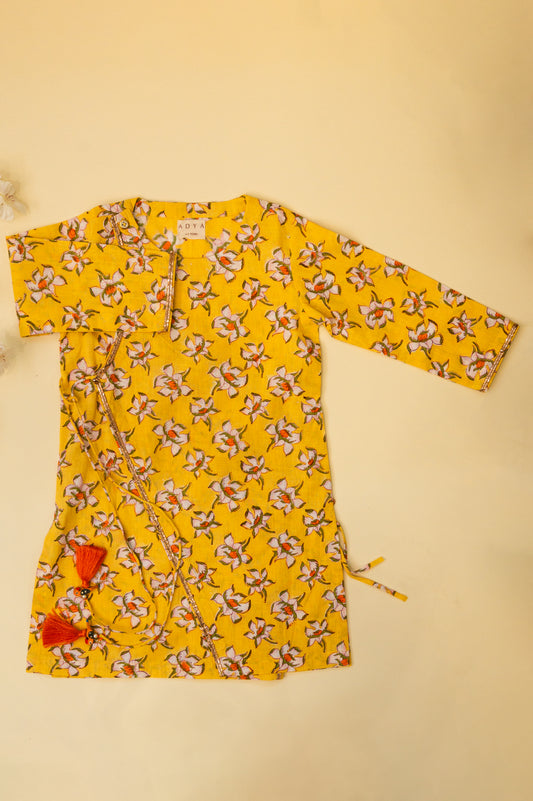 Yellow Floral Block Print Boys Angrakha Kurta