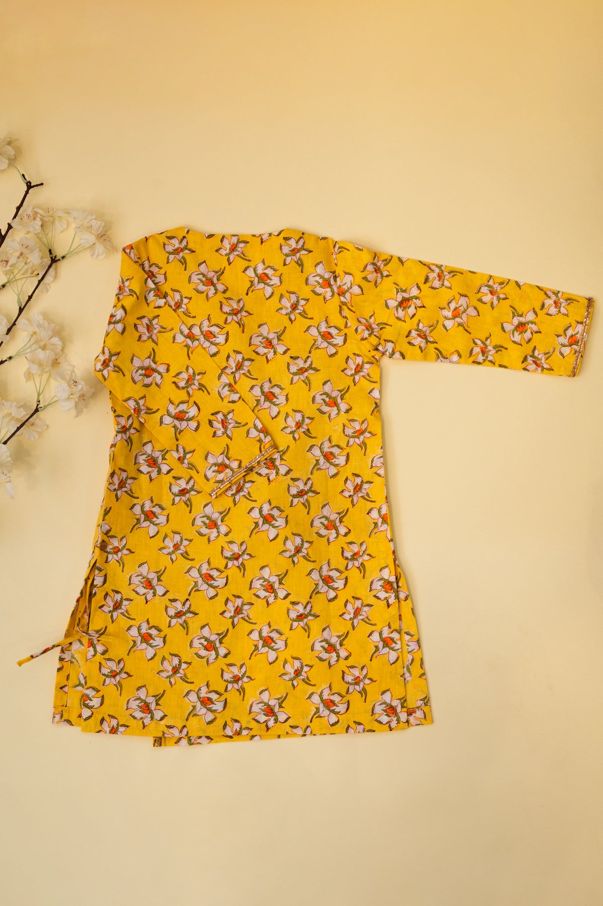 Yellow Floral Block Print Boys Angrakha Kurta