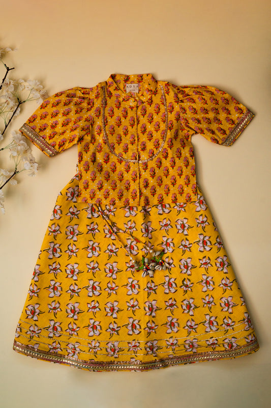 Yellow Rose Floral Kurti With Lehenga